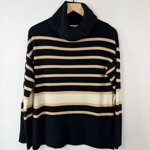 Magaschoni 100% Cashmere Striped Turtleneck Sweater Womens M Beige Black Cowl